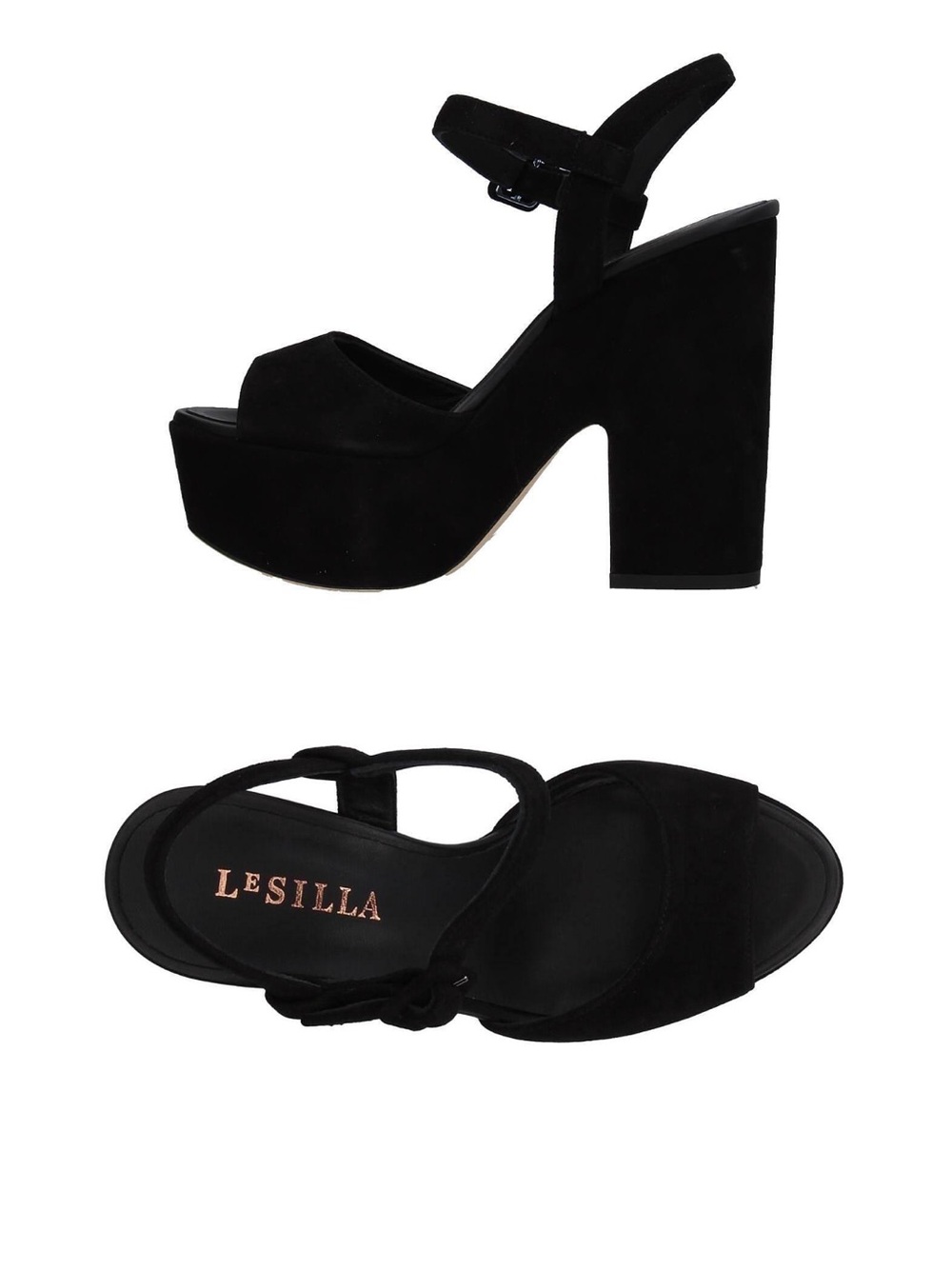 L Silla Black Suede Platform Block Heel Sandals, Size 8